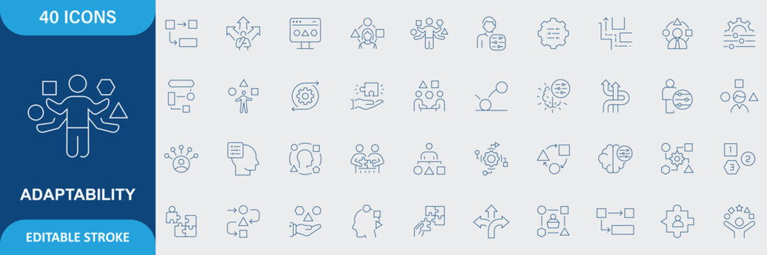 Adaptability Icon Set. adaptability, flexibility, resilience, agility, change management, growth mindset, problem solving . Editable Vector