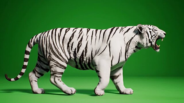 White Tiger Walking and Roaring on Green Screen
