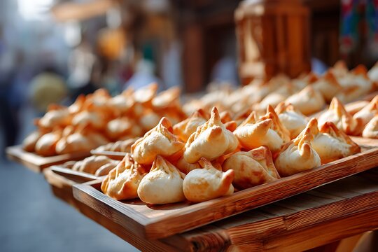 Freshly baked mini Gulf-style meat fatayer pastries on wooden tray in traditional market setting