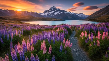 Naklejka premium A serene landscape of purple and pink lupine flowers at sunset