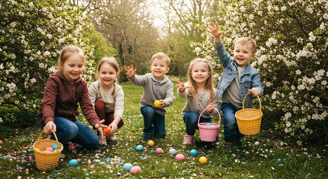 Children Searching for Easter Eggs During Spring Egg Hunt