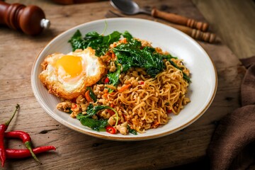 Spicy Thai Stir-fried Instant Noodles (Mama Pad Kra Pao) with Minced Pork, Holy Basil, and a Crispy Fried Egg on a Rustic Wooden Table. © Meowwelove
