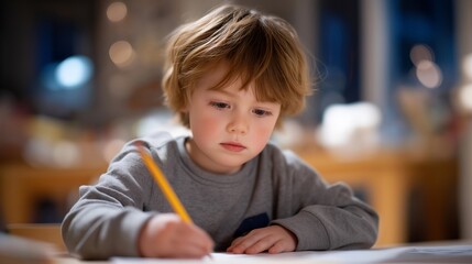 Young child gripping pencil with intense concentration while forming first alphabet letters on paper in kindergarten, perfect for early literacy learning, handwriting development, child education