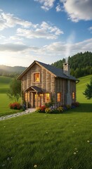 Obraz premium Cozy Wooden House in Green Landscape.