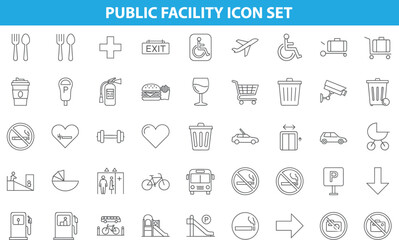 Public facility icon set, transport, safety, accessibility, food, parking, restroom, travel services, modern line vector illustration collection