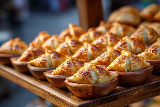 Golden baked mini meat fatayer pastries on wooden tray outdoor food market display close-up