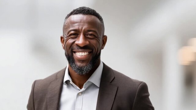 Confident Professional Portrait: A distinguished man radiates confidence, his warm smile conveying approachability and expertise. He exudes professionalism in a modern, well-lit environment.