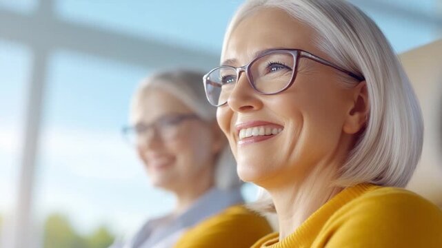 Elegant Lady with Spectacles: Portrait of a woman, radiating joy, framed by glasses, her silver hair catching the light. a serene image of beauty, age, and contentment.