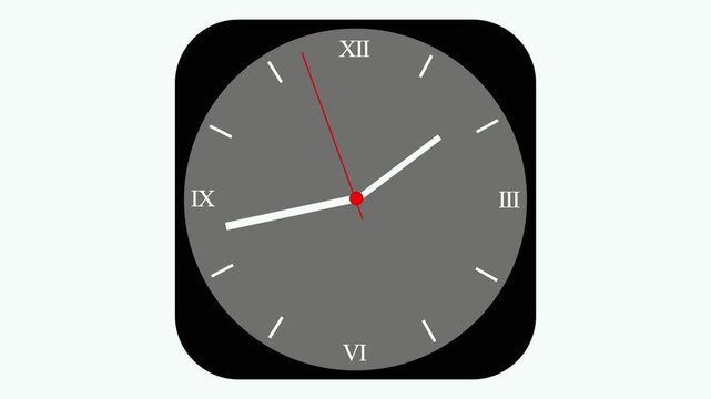 Gray Clock Face with Roman Numerals and Red Second Hand on animated White Background time watch, Minimalist glowing clock face showing time passing on a clean grey background animation.