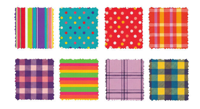 Colorful fabric patches with diverse patterns stripes polka dots plaid for creative projects and crafts, vibrant textile squares