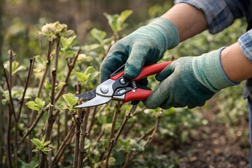 Obraz premium Garden maintenance in spring: Close-up of a person cutting a bush with red garden shears.
