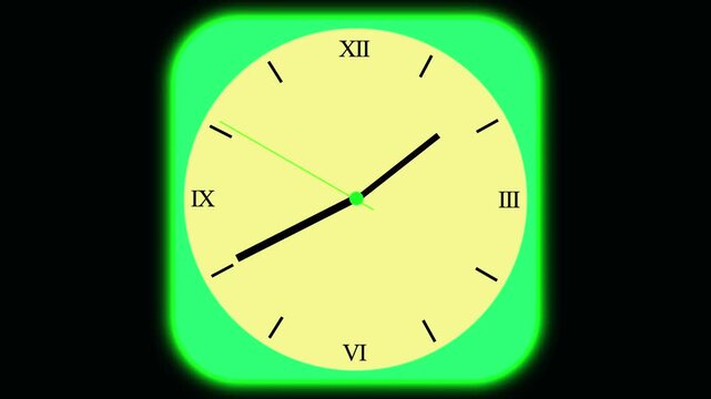 Yellow Clock Face with Roman Numerals and Glowing Green Border time animated, Minimalist glowing clock face showing time passing on a clean green background, yellow clock on cyan background.