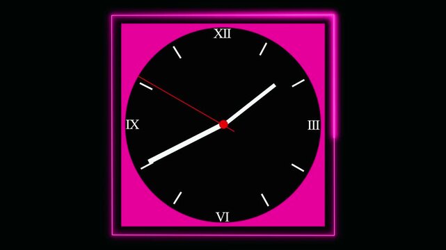 Animated Black Clock Face with Roman Numerals and Pink Neon Frame time, Minimalist glowing clock face showing time passing on a clean purple background, black clock on cyan background.