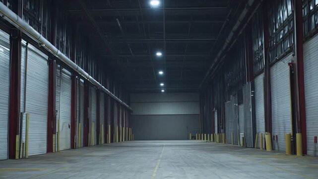 Empty large warehouse building interior featuring many closed roll up doors, industrial lighting, a concrete floor, and structural beams, creating a space ready for business logistics and storage