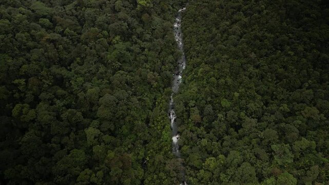 Aerial look down on Rio Celeste river in Costa Rica Alajuela Province on rainy day