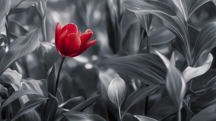 jeden czerwony element, czarno biale