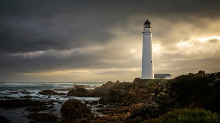 Obraz premium Dramatic coastal lighthouse stands resolute against crashing waves under a moody sky