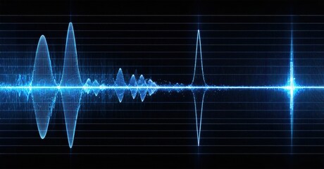 Blue waveform visualization. Represents sound, signal, energy, data, technology. Grid background enhances visual impact.