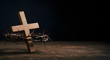 Wooden Cross with Crown of Thorns Symbolizing Good Friday