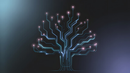 Abstract glowing circuit board tree with pink terminals on a dark backdrop.