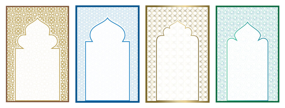 Collection of Luxury Islamic Mihrab Frames with Elegant Arabic Geometric Star Patterns and Ornate Gold Blue and Green Borders for Ramadan Eid and Wedding Invitations