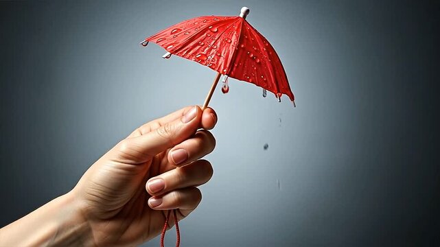 Hand holding broken red umbrella in rain.