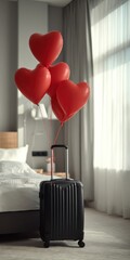 Suitcase with red heart balloons in hotel bedroom