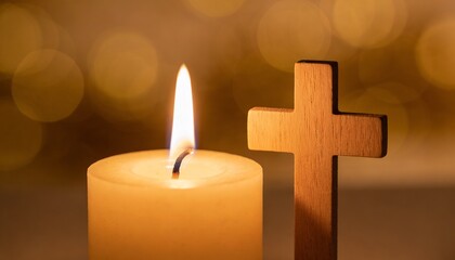 Lit Candle Beside Wooden Cross for Good Friday Remembrance