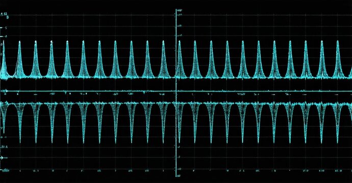 Oscilloscope display shows two periodic waveforms. Signals appear triangular, possibly pulse width modulation. Dark background enhances visibility.