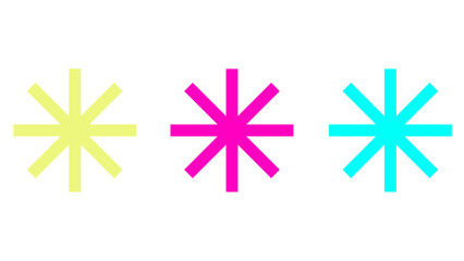 Set of three colorful asterisk symbols in yellow, magenta, and cyan on a white background, representing variety and design elements.