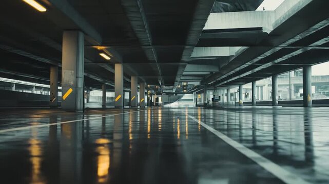 Multi level parking garage featuring a wet concrete floor reflecting overhead lights and open spaces, conveying urban infrastructure, modernity, and emptiness