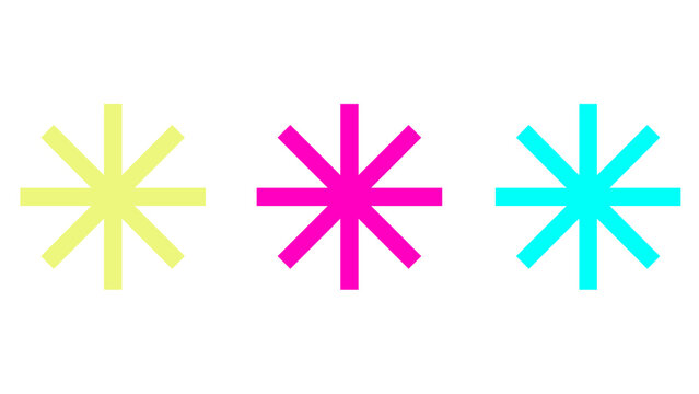 Set of three colorful asterisk symbols in yellow, magenta, and cyan on a white background, representing variety and design elements.