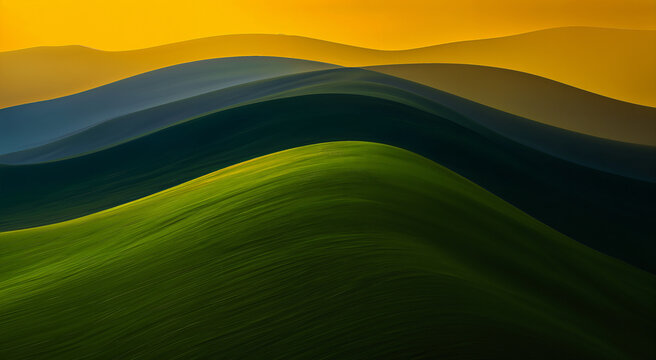 Abstract green hills landscape with flowing organic lines and vibrant yellow sunset horizon