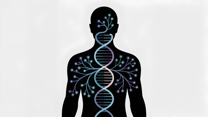 Human silhouette with DNA and branching network, representing science and health.