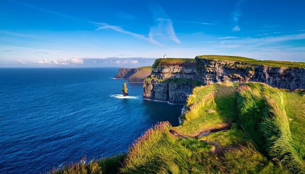 the cliffs of moher a famous coastal landmark in county clare ireland with the moher head lighthouse visible in the background