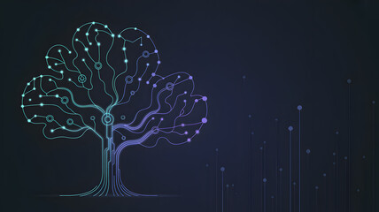 Digital tree illustration: Connections, growth, technology and futuristic network concept.