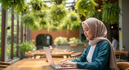 Remote Work Portrait of Hijabi Professional in Cozy Caf&eacute; 