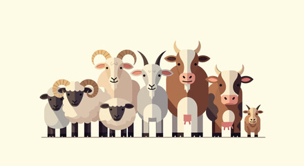 Naklejka premium A minimalist flat design illustration showcasing a friendly group of sheep, goats, and cows, ready for the Eid al-Adha celebration. This clean vector art emphasizes the spirit of giving and tradition