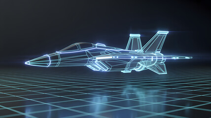 Futuristic wireframe fighter jet over a grid on a dark background.