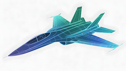 Geometric blue and green fighter jet outline on white background.