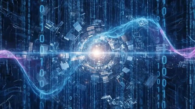 Binary Code Stream with Futuristic Data Wave.