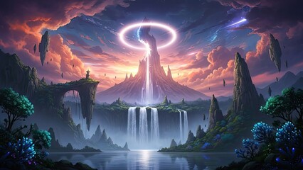 Obraz premium A fantastical landscape with a glowing tower and waterfall at sunset