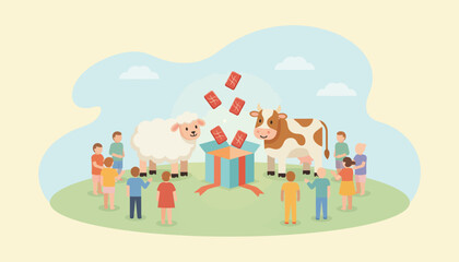Fototapeta premium This conceptual flat design illustration depicts sacrificial animals alongside an open gift box, symbolizing the act of sharing qurban meat during Eid al-Adha