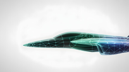 Futuristic jet fighter with wireframe design on a white background