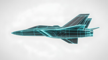 Futuristic fighter jet, rendered as a wireframe with blue glowing lines.