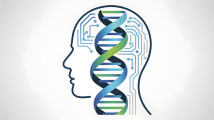 Human head with DNA, circuit board, symbolizing genetic technology integration.