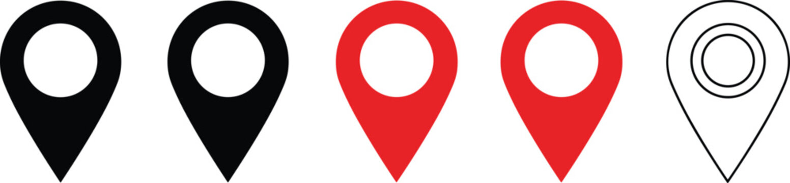 Map pin location icon set with red and black pointer symbols in flat design and line art styles for navigation GPS address