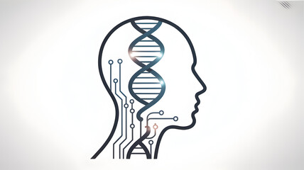 AI brain with DNA and circuit board in the head outline.