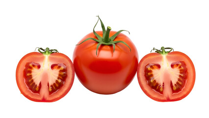 Fresh ripe tomatoes with one sliced in half isolated on transparent background