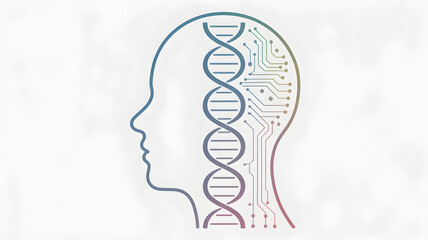 Human head profile showing DNA and circuit board, technology and science fusion.